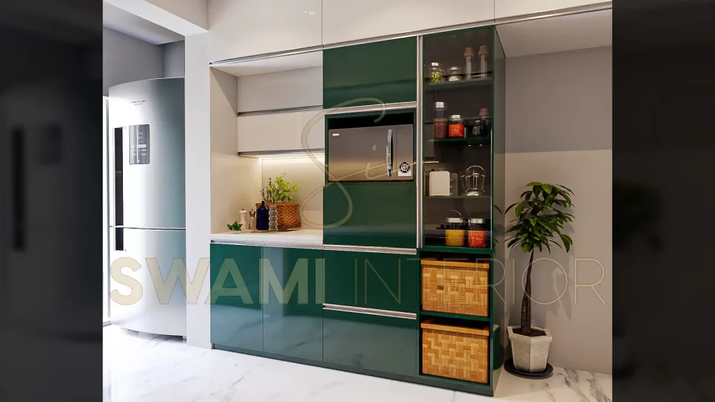 Green and off white kitchen in deco paint design by swami interior design Mumbai